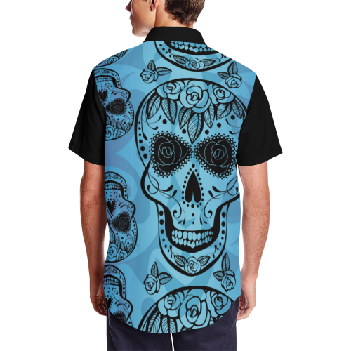 Blue Sugar Skull Short Sleeve Shirt with Lapel Collar