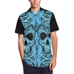 Blue Sugar Skull Short Sleeve Shirt with Lapel Collar