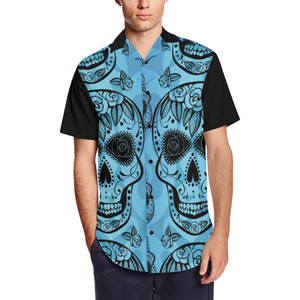 Blue Sugar Skull Short Sleeve Shirt with Lapel Collar