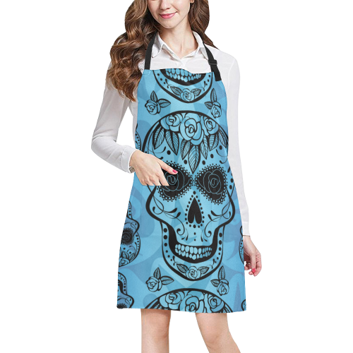 Blue Sugar Skull Stripe All Over Print Apron