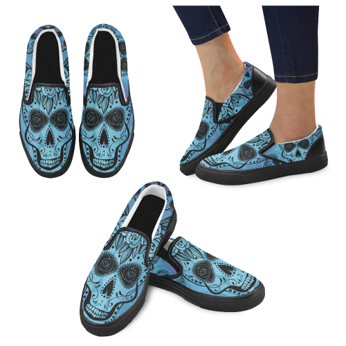 Blue Sugar Skull Women'sl Slip-on Canvas Shoes